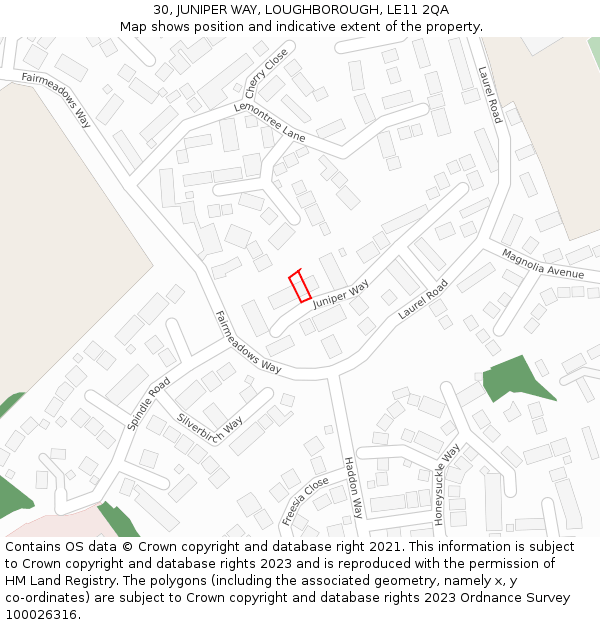30, JUNIPER WAY, LOUGHBOROUGH, LE11 2QA: Location map and indicative extent of plot