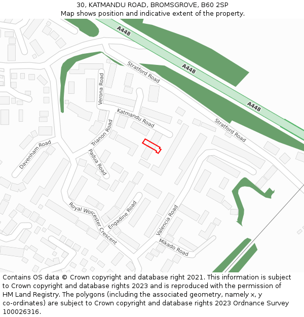 30, KATMANDU ROAD, BROMSGROVE, B60 2SP: Location map and indicative extent of plot