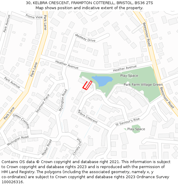 30, KELBRA CRESCENT, FRAMPTON COTTERELL, BRISTOL, BS36 2TS: Location map and indicative extent of plot