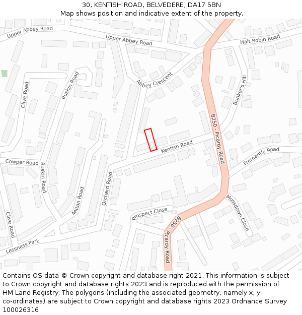 30, KENTISH ROAD, BELVEDERE, DA17 5BN: Location map and indicative extent of plot