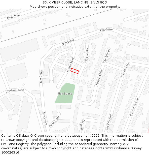 30, KIMBER CLOSE, LANCING, BN15 8QD: Location map and indicative extent of plot