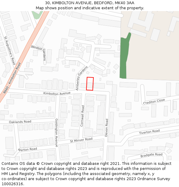 30, KIMBOLTON AVENUE, BEDFORD, MK40 3AA: Location map and indicative extent of plot