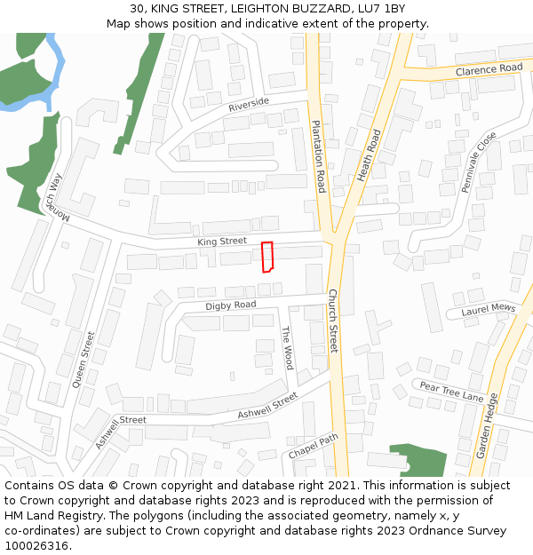 30, KING STREET, LEIGHTON BUZZARD, LU7 1BY: Location map and indicative extent of plot