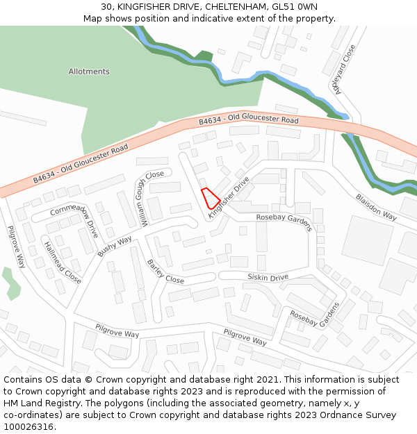 30, KINGFISHER DRIVE, CHELTENHAM, GL51 0WN: Location map and indicative extent of plot