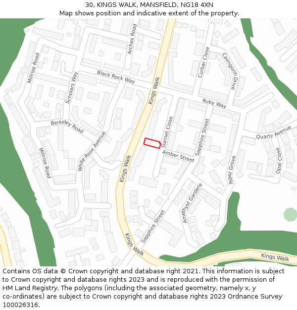 30, KINGS WALK, MANSFIELD, NG18 4XN: Location map and indicative extent of plot