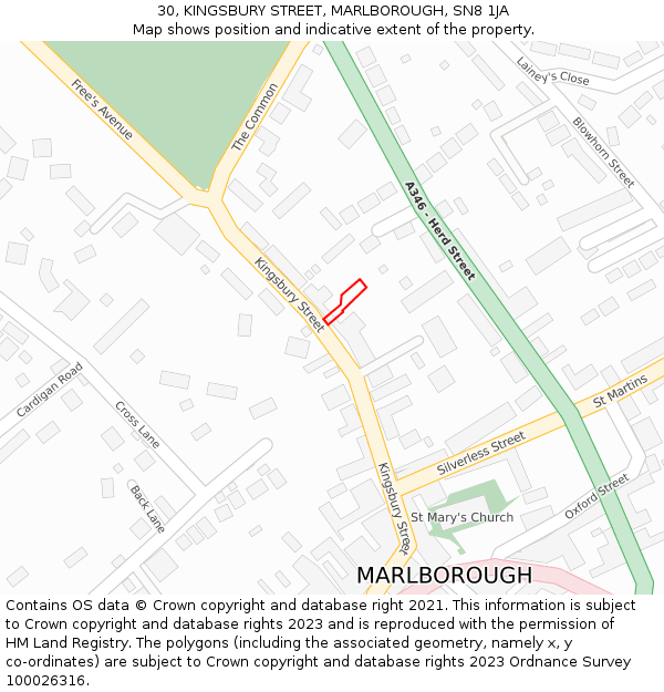 30, KINGSBURY STREET, MARLBOROUGH, SN8 1JA: Location map and indicative extent of plot