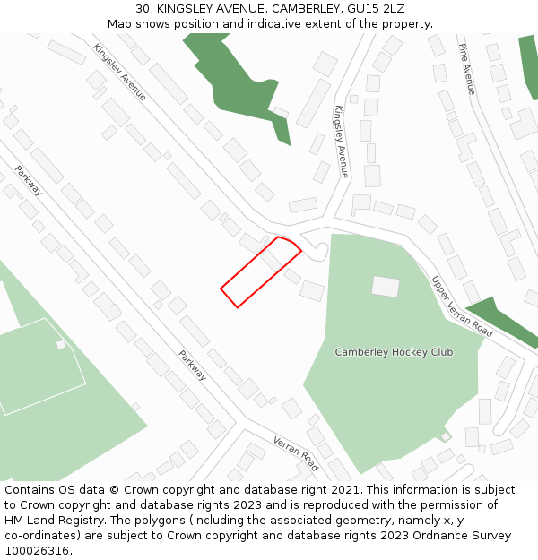 30, KINGSLEY AVENUE, CAMBERLEY, GU15 2LZ: Location map and indicative extent of plot