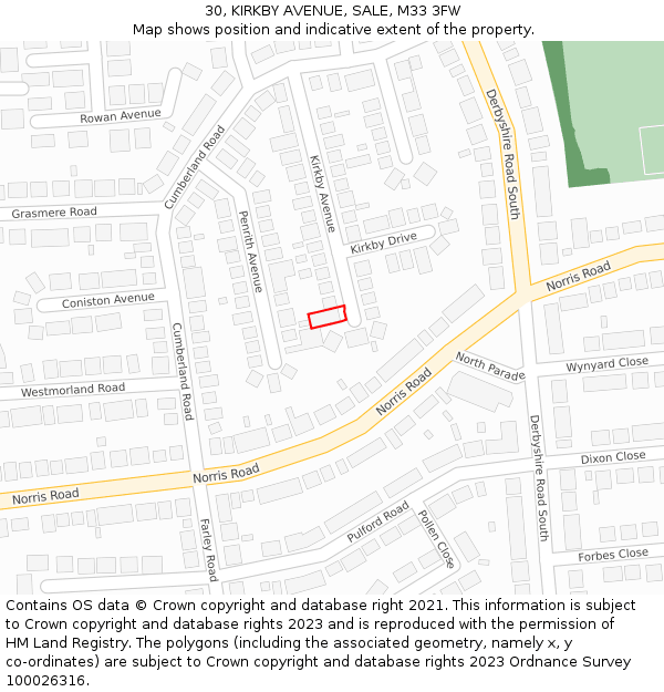 30, KIRKBY AVENUE, SALE, M33 3FW: Location map and indicative extent of plot