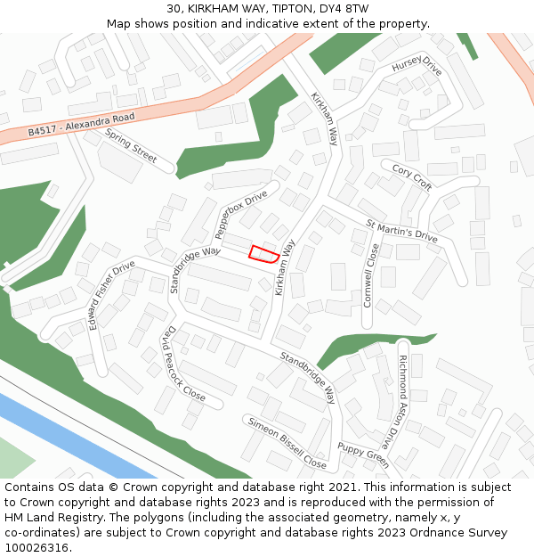 30, KIRKHAM WAY, TIPTON, DY4 8TW: Location map and indicative extent of plot