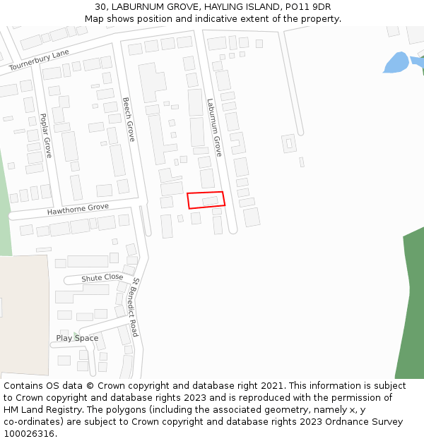 30, LABURNUM GROVE, HAYLING ISLAND, PO11 9DR: Location map and indicative extent of plot