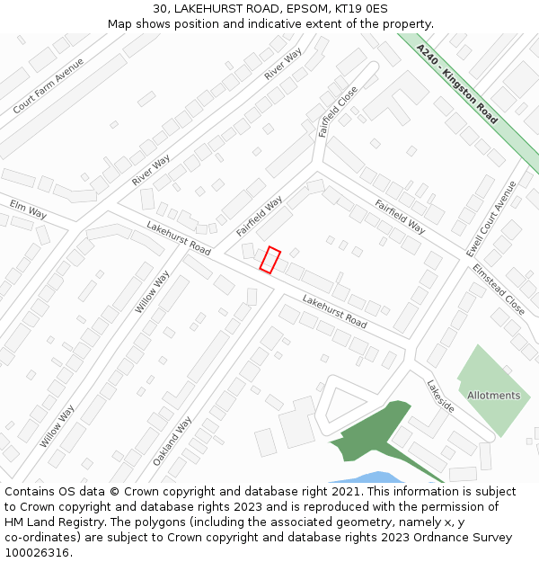 30, LAKEHURST ROAD, EPSOM, KT19 0ES: Location map and indicative extent of plot