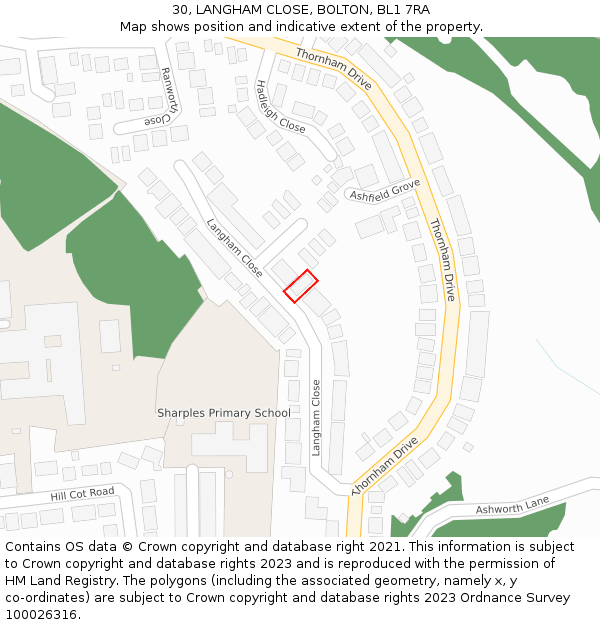 30, LANGHAM CLOSE, BOLTON, BL1 7RA: Location map and indicative extent of plot