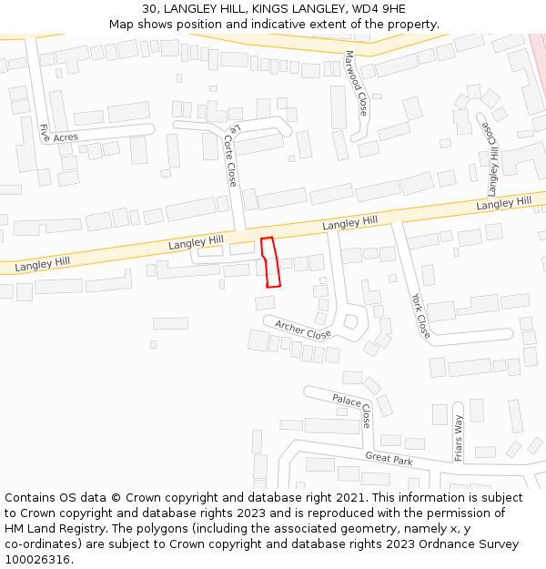 30, LANGLEY HILL, KINGS LANGLEY, WD4 9HE: Location map and indicative extent of plot