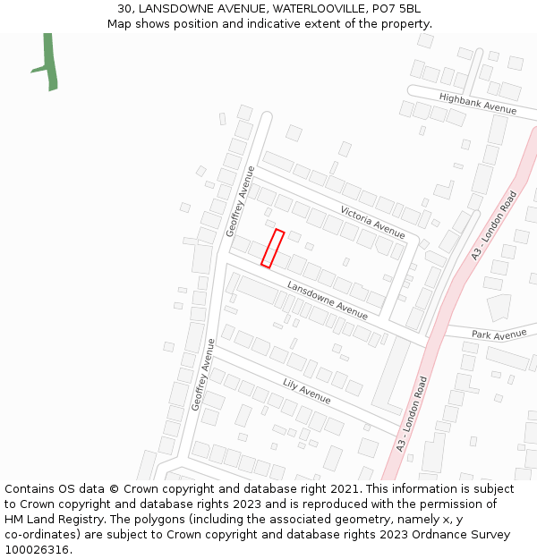 30, LANSDOWNE AVENUE, WATERLOOVILLE, PO7 5BL: Location map and indicative extent of plot
