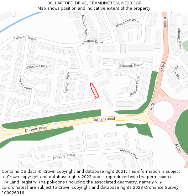 30, LAPFORD DRIVE, CRAMLINGTON, NE23 3GP: Location map and indicative extent of plot