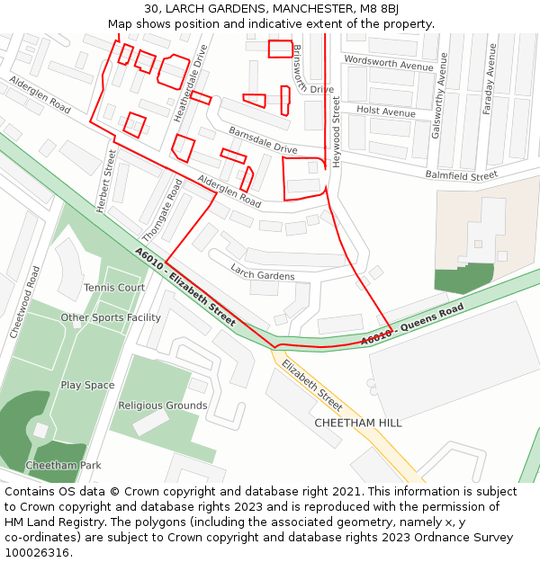 30, LARCH GARDENS, MANCHESTER, M8 8BJ: Location map and indicative extent of plot