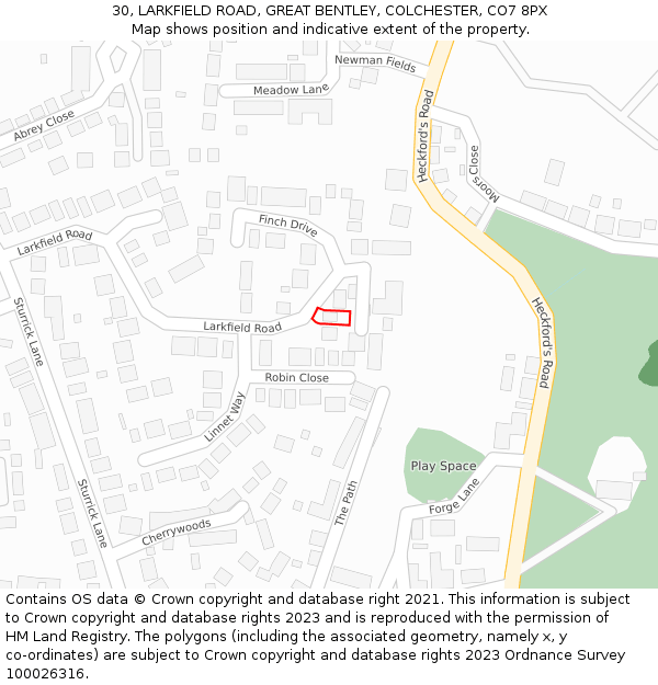 30, LARKFIELD ROAD, GREAT BENTLEY, COLCHESTER, CO7 8PX: Location map and indicative extent of plot