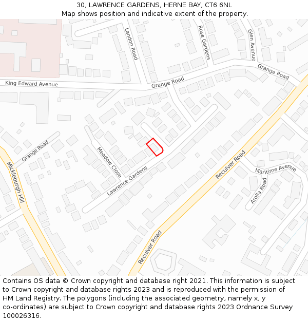 30, LAWRENCE GARDENS, HERNE BAY, CT6 6NL: Location map and indicative extent of plot