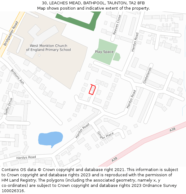 30, LEACHES MEAD, BATHPOOL, TAUNTON, TA2 8FB: Location map and indicative extent of plot