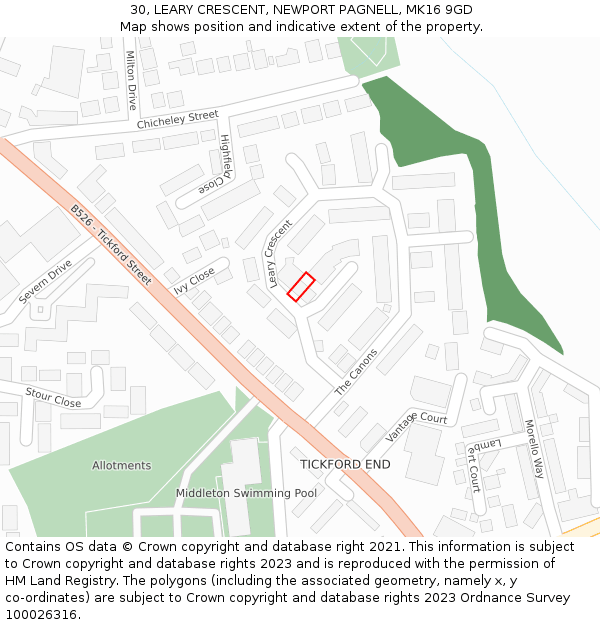 30, LEARY CRESCENT, NEWPORT PAGNELL, MK16 9GD: Location map and indicative extent of plot