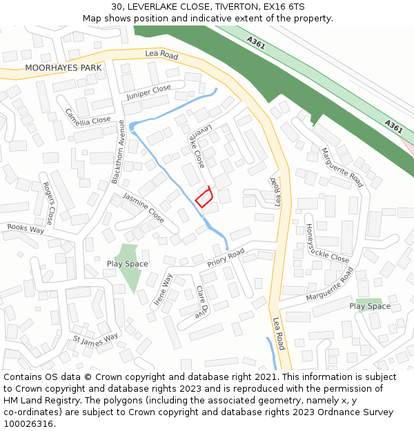 30, LEVERLAKE CLOSE, TIVERTON, EX16 6TS: Location map and indicative extent of plot