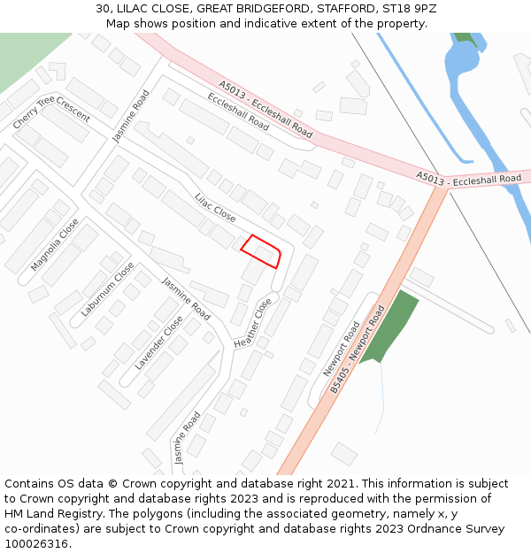 30, LILAC CLOSE, GREAT BRIDGEFORD, STAFFORD, ST18 9PZ: Location map and indicative extent of plot