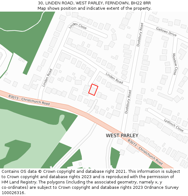 30, LINDEN ROAD, WEST PARLEY, FERNDOWN, BH22 8RR: Location map and indicative extent of plot