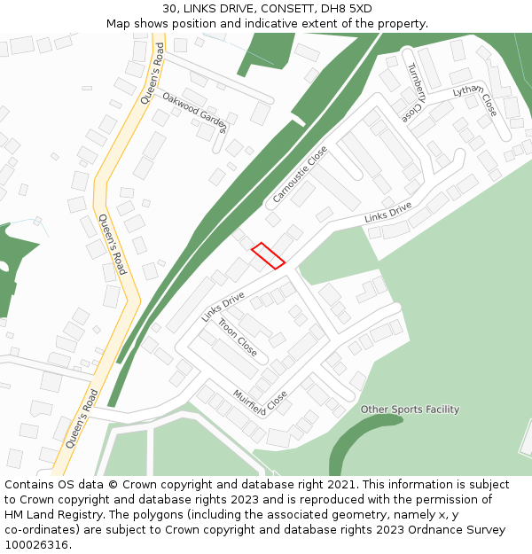 30, LINKS DRIVE, CONSETT, DH8 5XD: Location map and indicative extent of plot