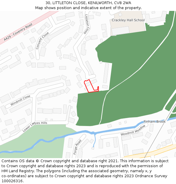 30, LITTLETON CLOSE, KENILWORTH, CV8 2WA: Location map and indicative extent of plot