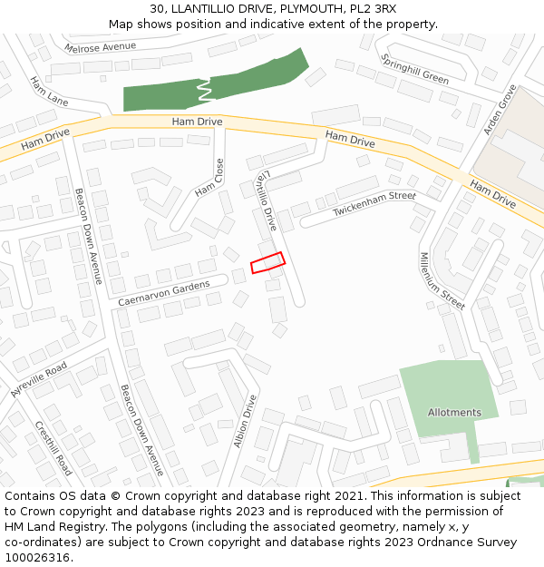 30, LLANTILLIO DRIVE, PLYMOUTH, PL2 3RX: Location map and indicative extent of plot