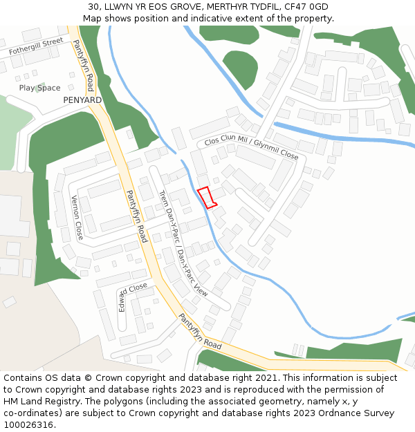 30, LLWYN YR EOS GROVE, MERTHYR TYDFIL, CF47 0GD: Location map and indicative extent of plot