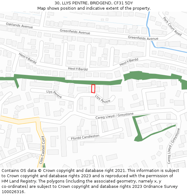 30, LLYS PENTRE, BRIDGEND, CF31 5DY: Location map and indicative extent of plot
