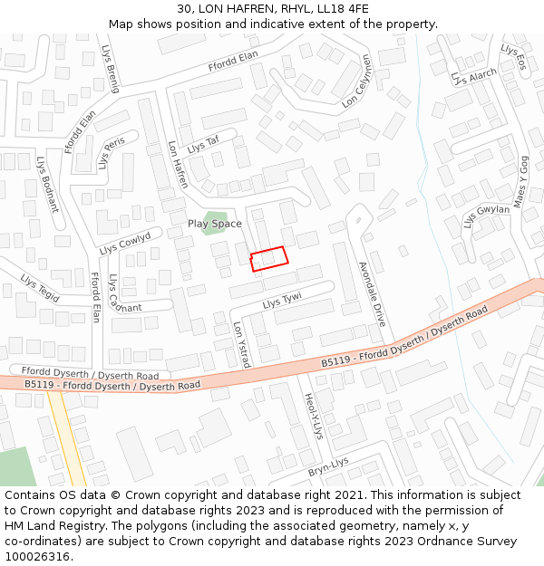 30, LON HAFREN, RHYL, LL18 4FE: Location map and indicative extent of plot