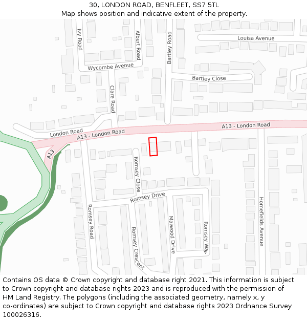 30, LONDON ROAD, BENFLEET, SS7 5TL: Location map and indicative extent of plot