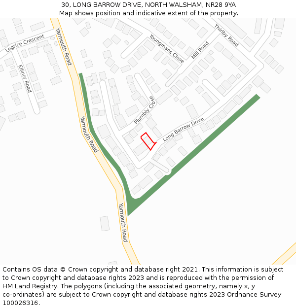 30, LONG BARROW DRIVE, NORTH WALSHAM, NR28 9YA: Location map and indicative extent of plot