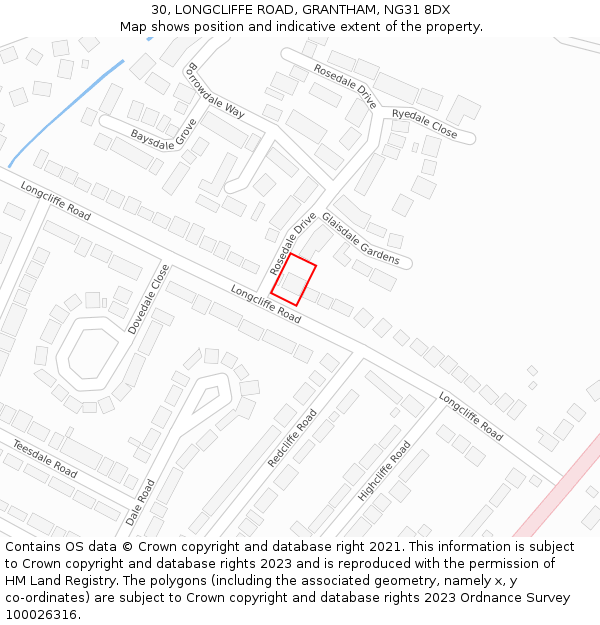 30, LONGCLIFFE ROAD, GRANTHAM, NG31 8DX: Location map and indicative extent of plot