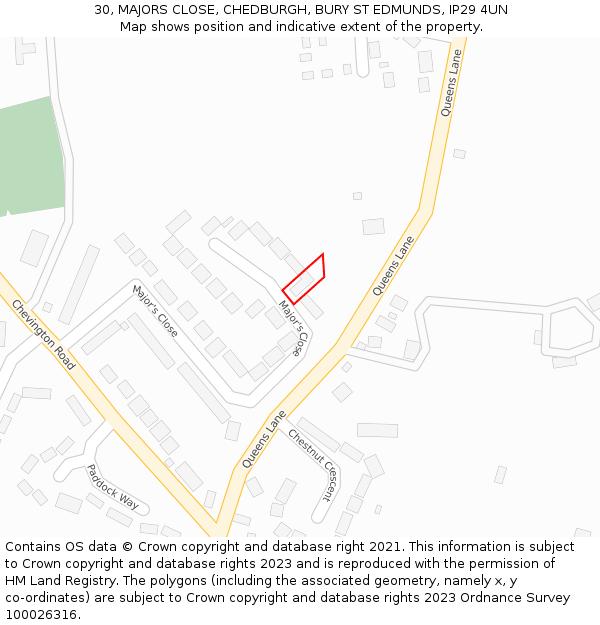 30, MAJORS CLOSE, CHEDBURGH, BURY ST EDMUNDS, IP29 4UN: Location map and indicative extent of plot