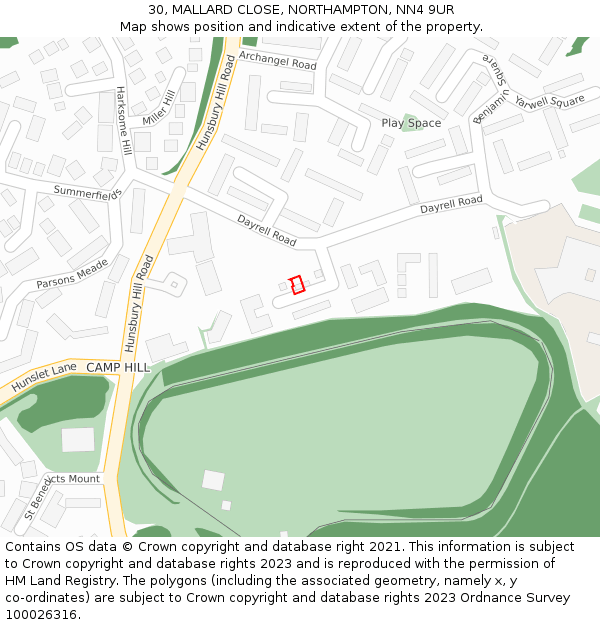 30, MALLARD CLOSE, NORTHAMPTON, NN4 9UR: Location map and indicative extent of plot