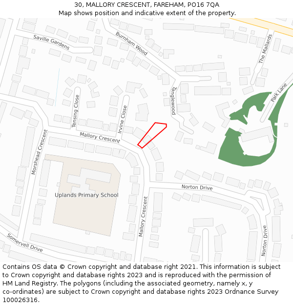 30, MALLORY CRESCENT, FAREHAM, PO16 7QA: Location map and indicative extent of plot