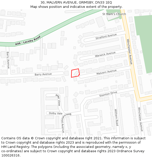 30, MALVERN AVENUE, GRIMSBY, DN33 1EQ: Location map and indicative extent of plot