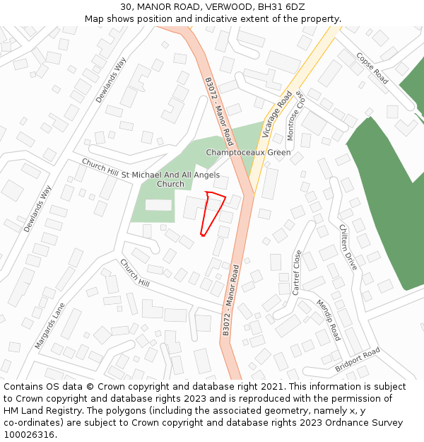 30, MANOR ROAD, VERWOOD, BH31 6DZ: Location map and indicative extent of plot