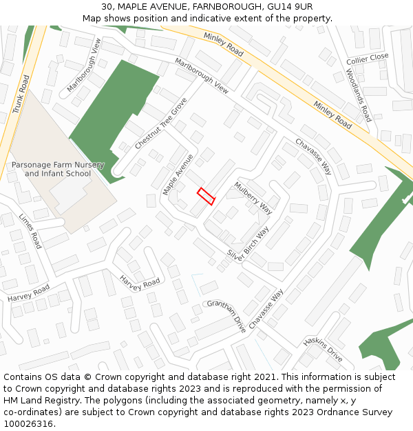 30, MAPLE AVENUE, FARNBOROUGH, GU14 9UR: Location map and indicative extent of plot