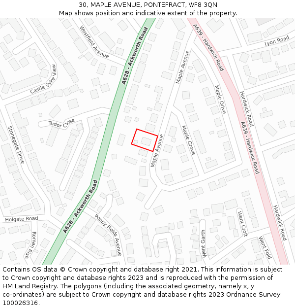 30, MAPLE AVENUE, PONTEFRACT, WF8 3QN: Location map and indicative extent of plot