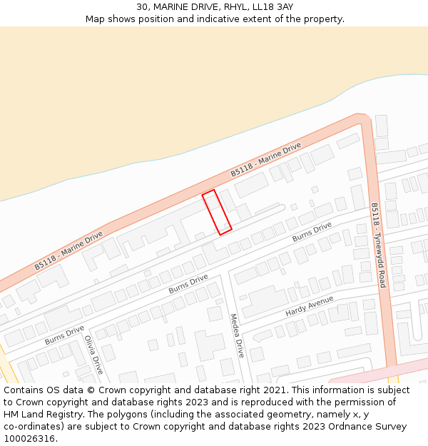 30, MARINE DRIVE, RHYL, LL18 3AY: Location map and indicative extent of plot