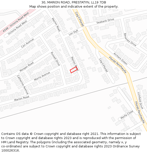 30, MARION ROAD, PRESTATYN, LL19 7DB: Location map and indicative extent of plot