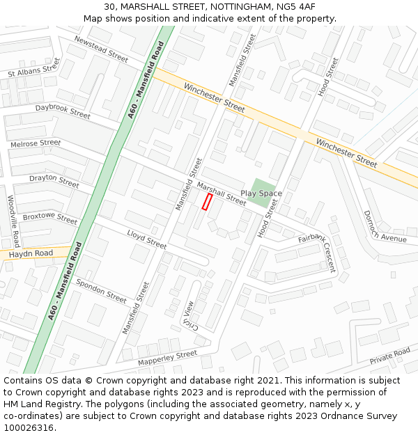 30, MARSHALL STREET, NOTTINGHAM, NG5 4AF: Location map and indicative extent of plot