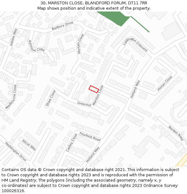 30, MARSTON CLOSE, BLANDFORD FORUM, DT11 7RR: Location map and indicative extent of plot