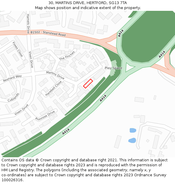 30, MARTINS DRIVE, HERTFORD, SG13 7TA: Location map and indicative extent of plot