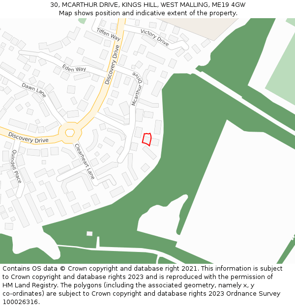 30, MCARTHUR DRIVE, KINGS HILL, WEST MALLING, ME19 4GW: Location map and indicative extent of plot