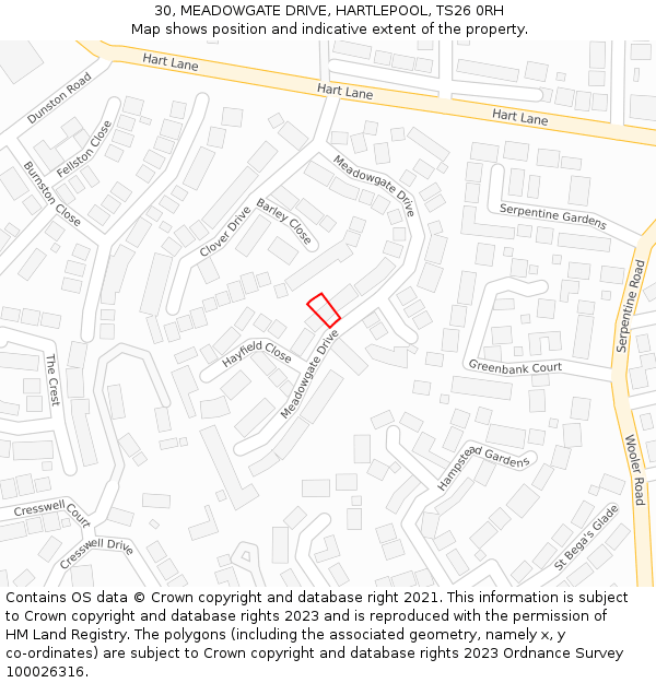 30, MEADOWGATE DRIVE, HARTLEPOOL, TS26 0RH: Location map and indicative extent of plot